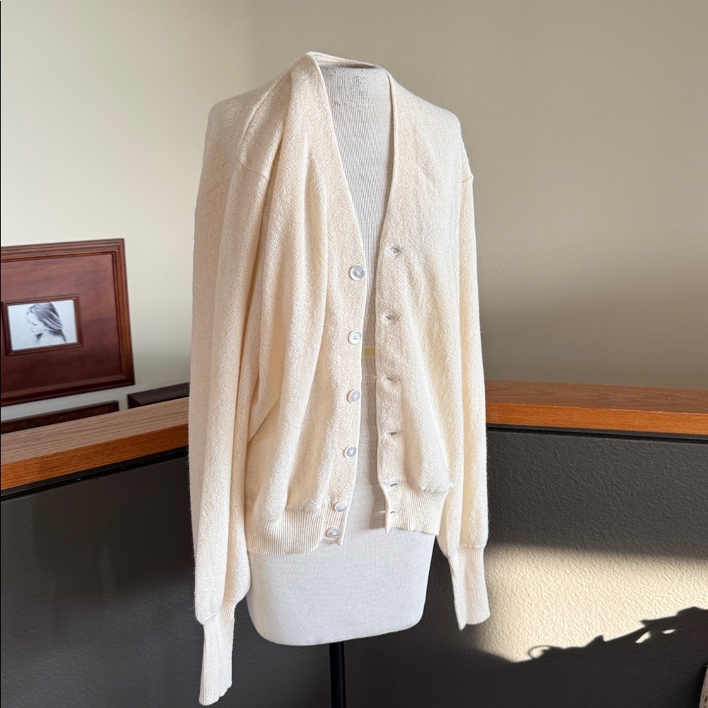Vintage Baby Llama Cardigan XL Ivory Soft Knit Button Front Sweater 60s 70s